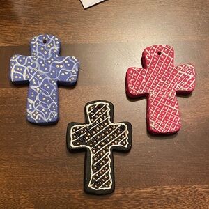 Artisan Cross Ornament Trio - Blue, Pink, Black